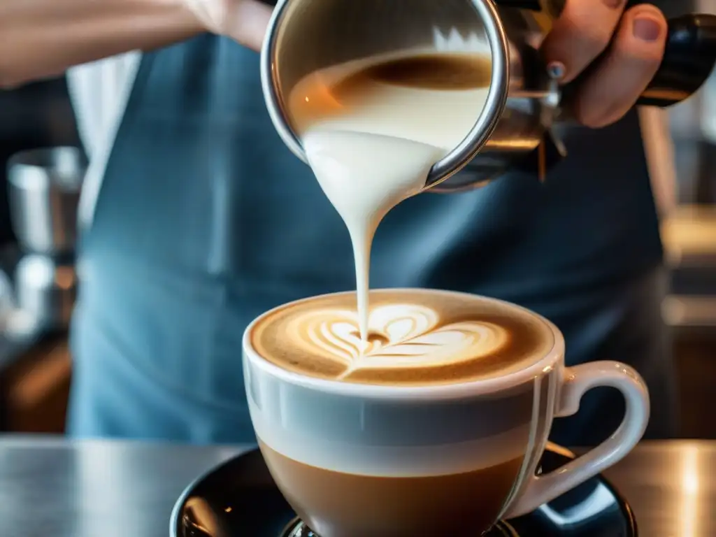 Un barista vierte con precisión leche en un café de especialidad, creando arte latte en una taza