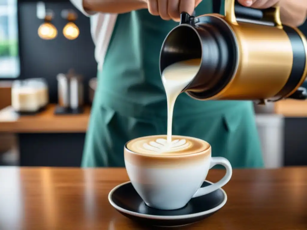 Un barista vertiendo leche en un diseño de arte latte, en una taza de cerámica negra brillante