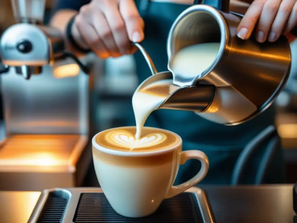 Un barista vierte leche en un espresso, creando arte latte en capas perfectas