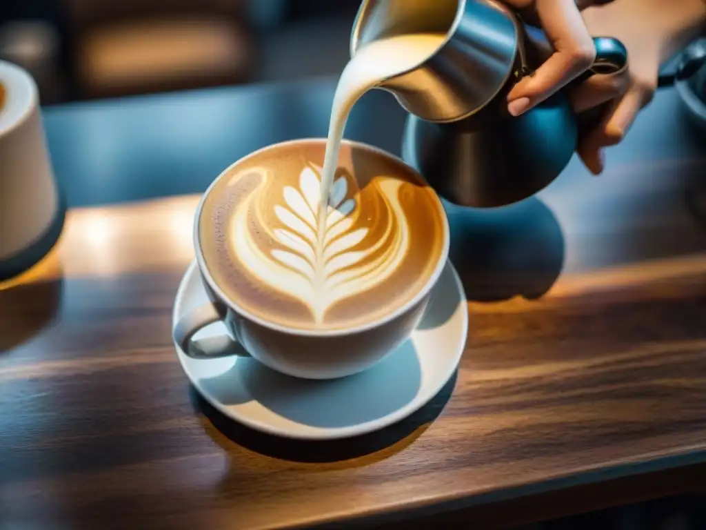 Un barista vierte leche en un espresso para crear arte latte de una rosa en una taza blanca sobre una mesa de madera rústica