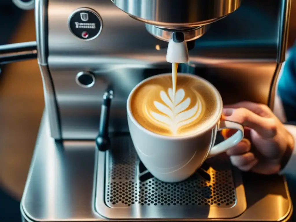 Un barista vierte leche en un espresso, creando arte latte de una flor, en una máquina moderna