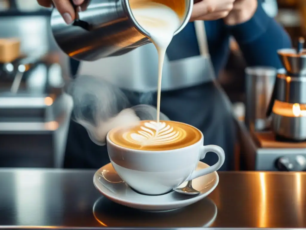 Barista vertiendo leche en espresso, creando arte latte de cisne en cafetería moderna