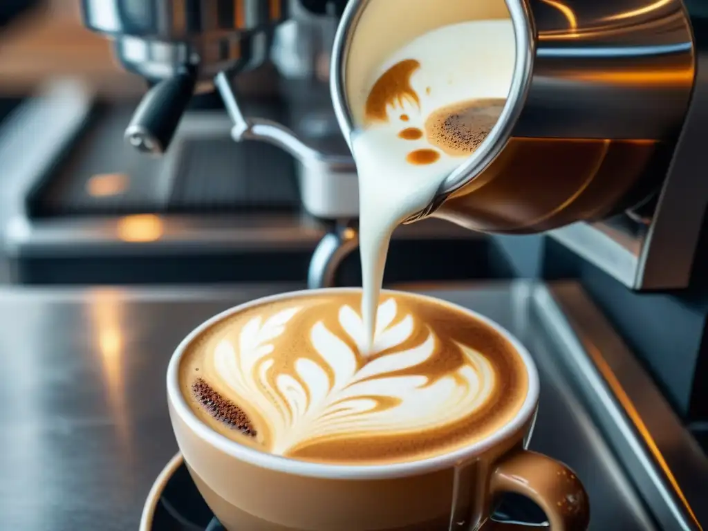 Un barista vierte con maestría leche vaporizada para cafés especiales en un diseño de arte latte