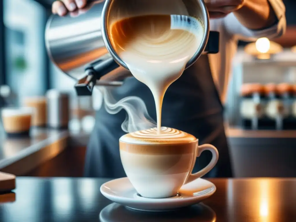 Barista vertiendo leche vaporizada en cappuccino, creando patrones en cafetería moderna