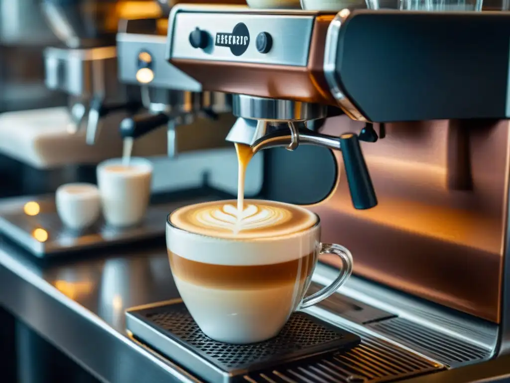 Un barista vierte leche vaporizada en un espresso perfectamente extraído, creando un cappuccino impecable