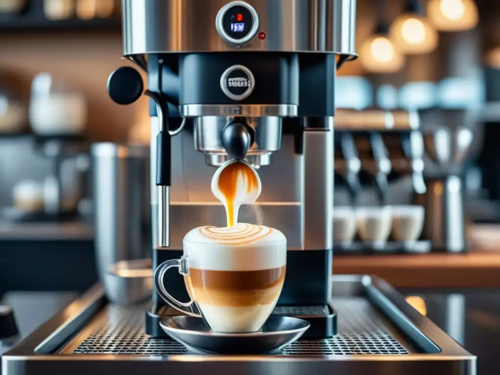 Un barista vierte leche vaporizada en un espresso, creando un cappuccino perfecto con espuma cremosa