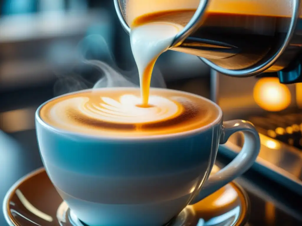 Un barista vierte leche vaporizada en un espresso, creando capas en una macchiato en una copa de vidrio