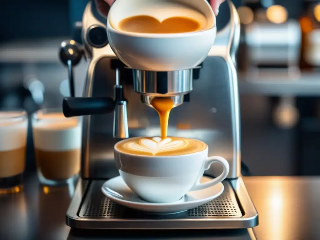 Barista vertiendo con maestría leche vaporizada en espresso, creando arte latte corazón en cappuccino cremoso en casa