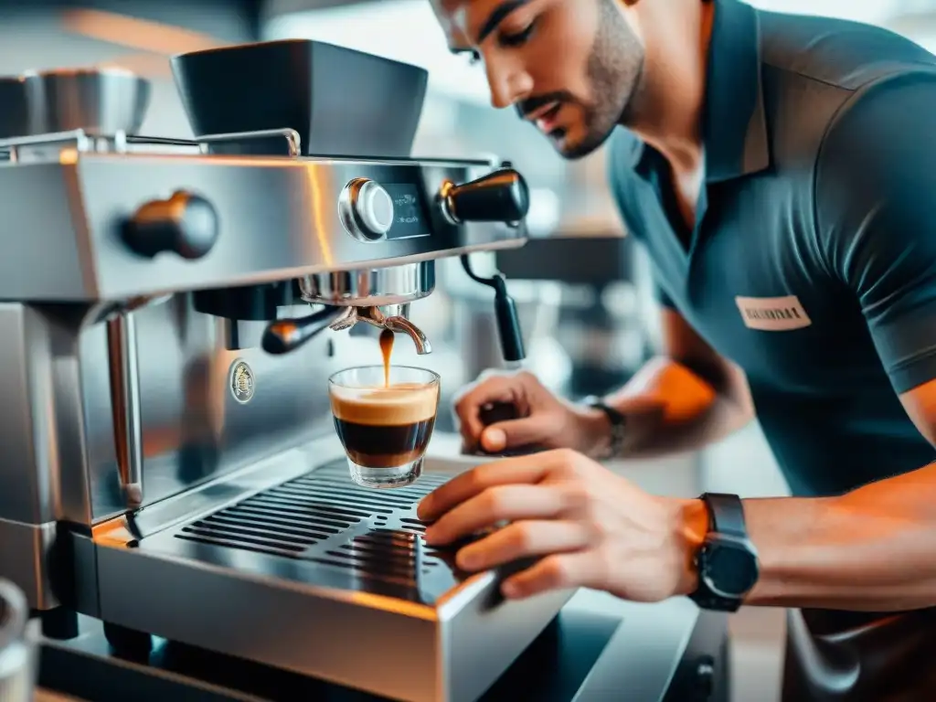 Un barista profesional tampano con precisión el espresso recién molido, destacando la presión en el sabor del espresso