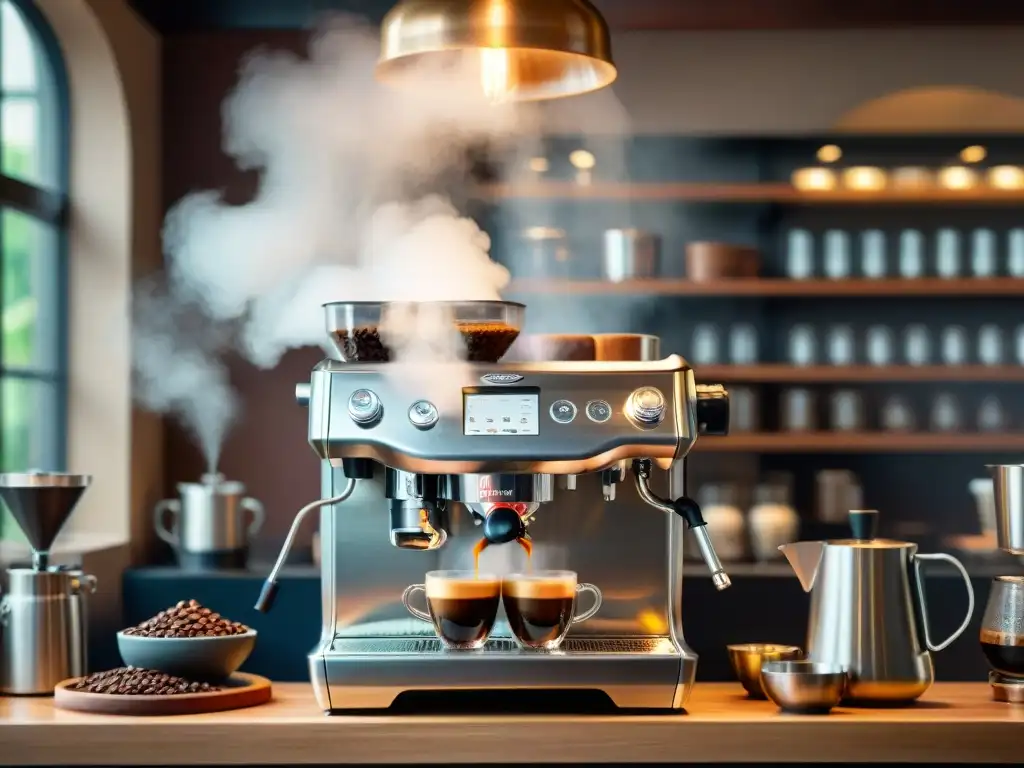 Baristas expertos maximizan sabor en cafetería gourmet con moderno equipo de extracción de café