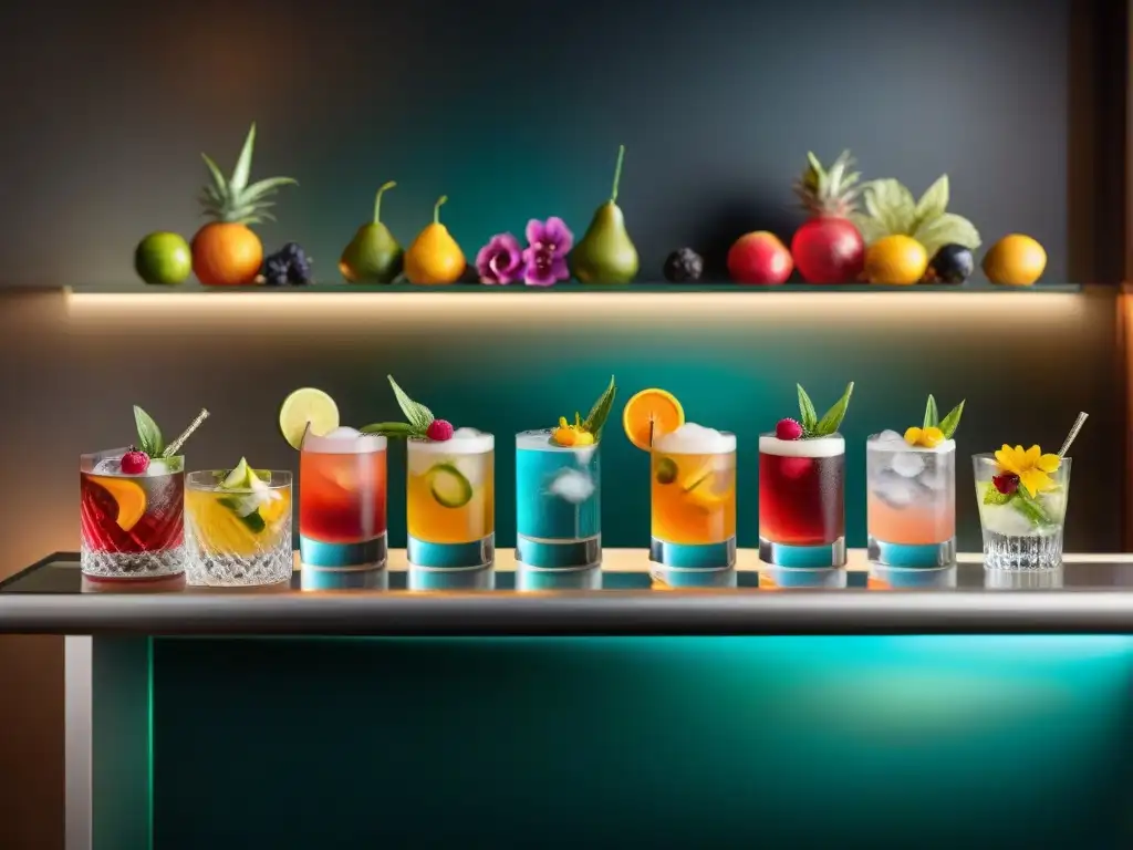 Una barra elegante con cocteles gourmet para fiestas, brillantes y coloridos, en un ambiente lujoso y sofisticado