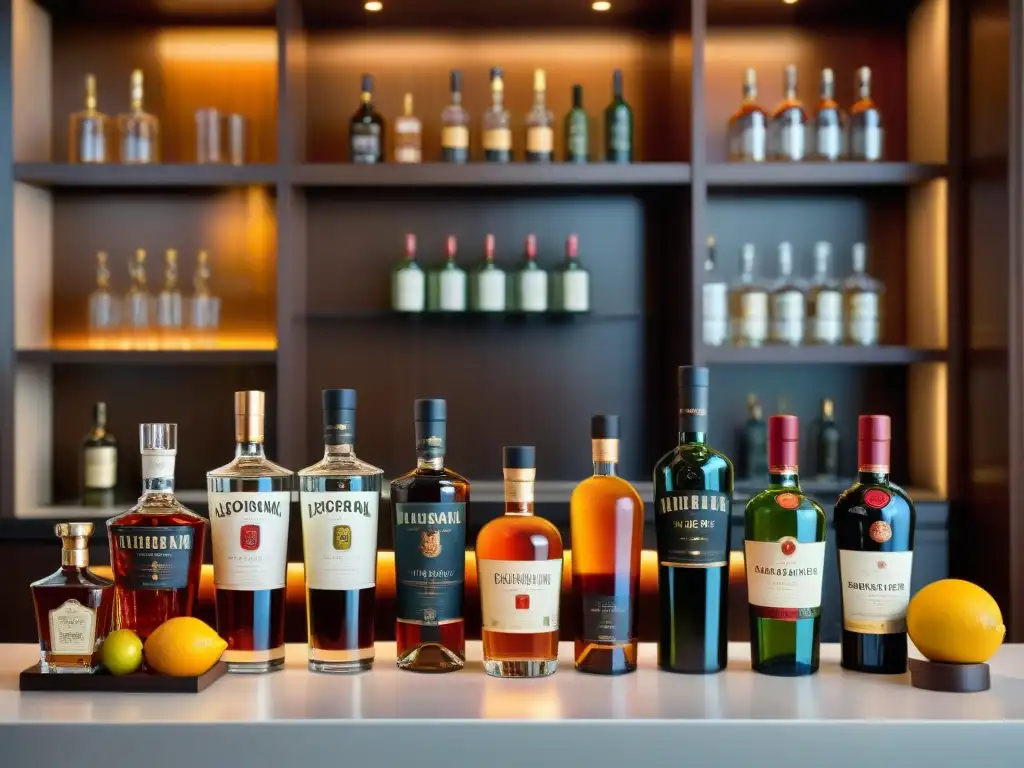 Bar de lujo: Exóticas botellas de licores en detalle Una barra elegante con licores exóticos inusuales para degustar gourmet, envuelta en lujo y sofisticación