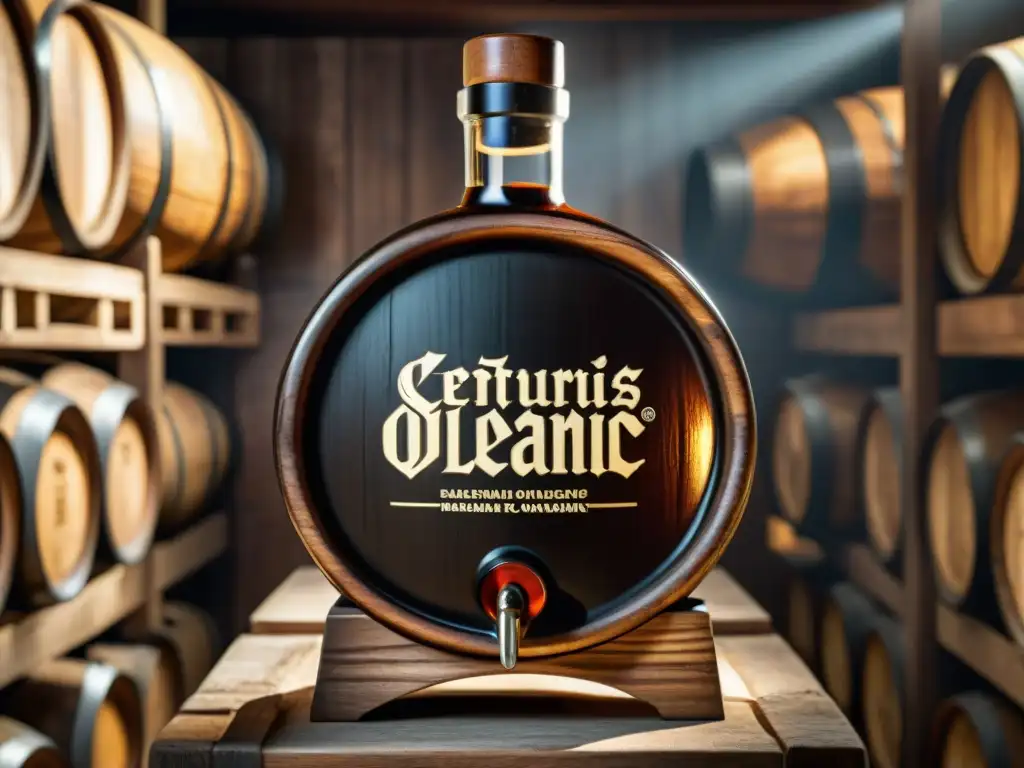 Un barril de madera centenario lleno de vinagre balsámico envejecido en una bodega, evocando tradición y lujo gourmet