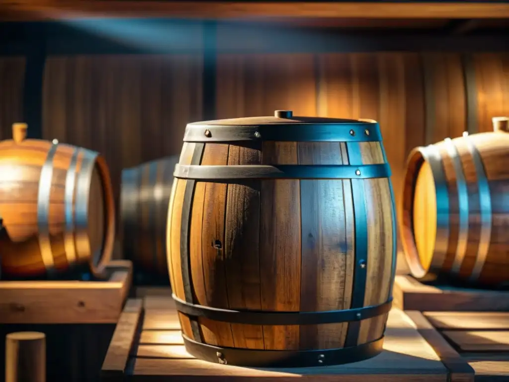 Un barril de madera envejeciendo vinagre balsámico en una bodega, con un aura de tradición y artesanía