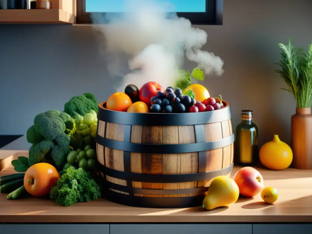 Un barril de fermentación rebosante de frutas, verduras y hierbas, iluminado por la luz natural en una cocina moderna