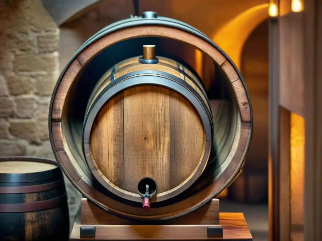 Un barril de vino de madera rústica con grabados de vid en una bodega iluminada