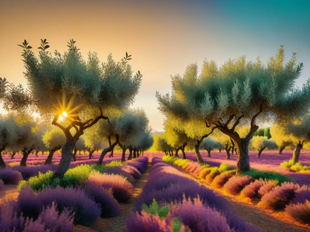 Un bello olivar al atardecer, con olivos exuberantes bajo un cielo pintado en tonos cálidos