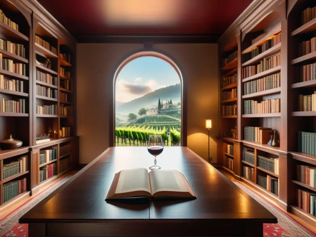 Una biblioteca acogedora y lujosa, repleta de libros de vinos imprescindibles gourmet, bañada por una cálida luz solar