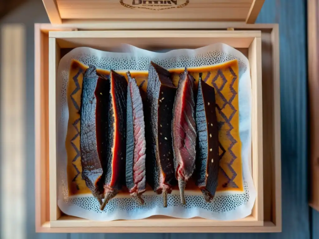 Biltong sudafricano colgando para secar en caja de madera, destacando los secretos del Biltong en Sudáfrica