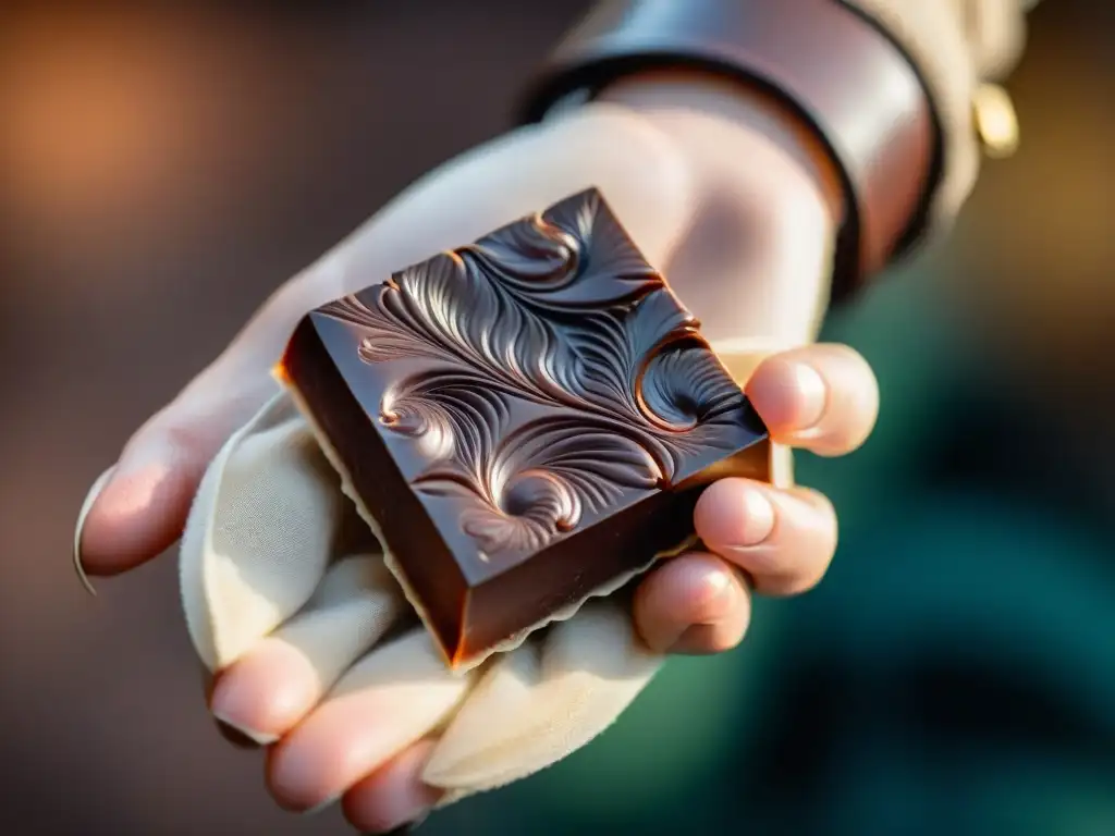 Un bocado de chocolate artesanal identificar verdadero, con brillo y textura lujosa