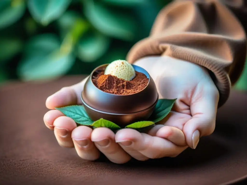 Un bocado irresistible: mano sostiene trufa de chocolate artesanal en plato de porcelana, con fondo de granos de cacao y hojas de cacao