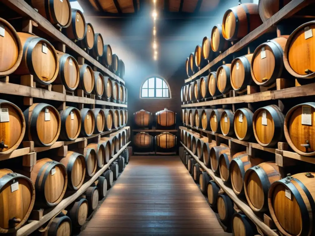 Una bodega de vinagre balsámico tradicional italiano con barriles de madera envejecidos y vinagre ámbar