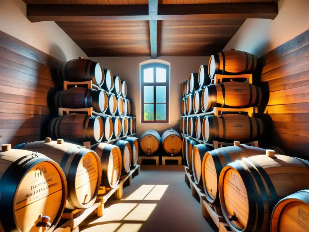 Una bodega de vinagre balsámico tradicional italiana con barriles de madera envejecida, iluminada por el sol