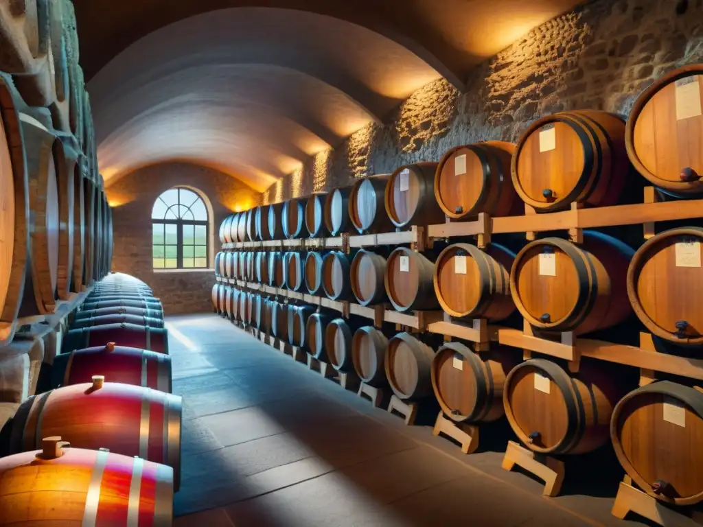 Una bodega durante la fermentación en producción vinícola: barriles de roble llenos de vino tinto en proceso, iluminados por cálida luz dorada