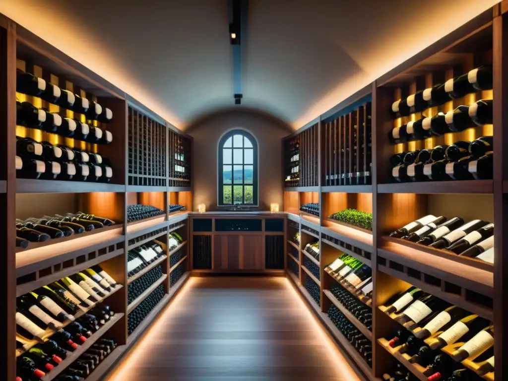 Una bodega elegante y misteriosa con botellas de vino organizadas en estantes de madera, iluminada por una luz tenue