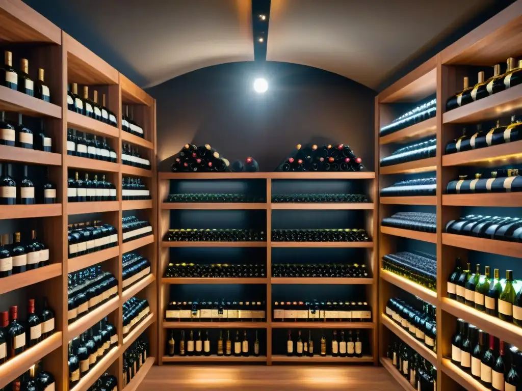 Una bodega elegante con vinos premium suscripción mensual, botellas en estantes de madera iluminados cálidamente