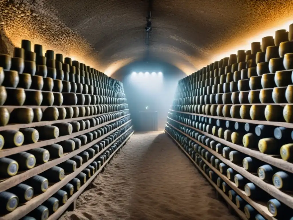 Una bodega histórica en la región de Champagne en Francia, con filas de botellas de champagne cubiertas de polvo