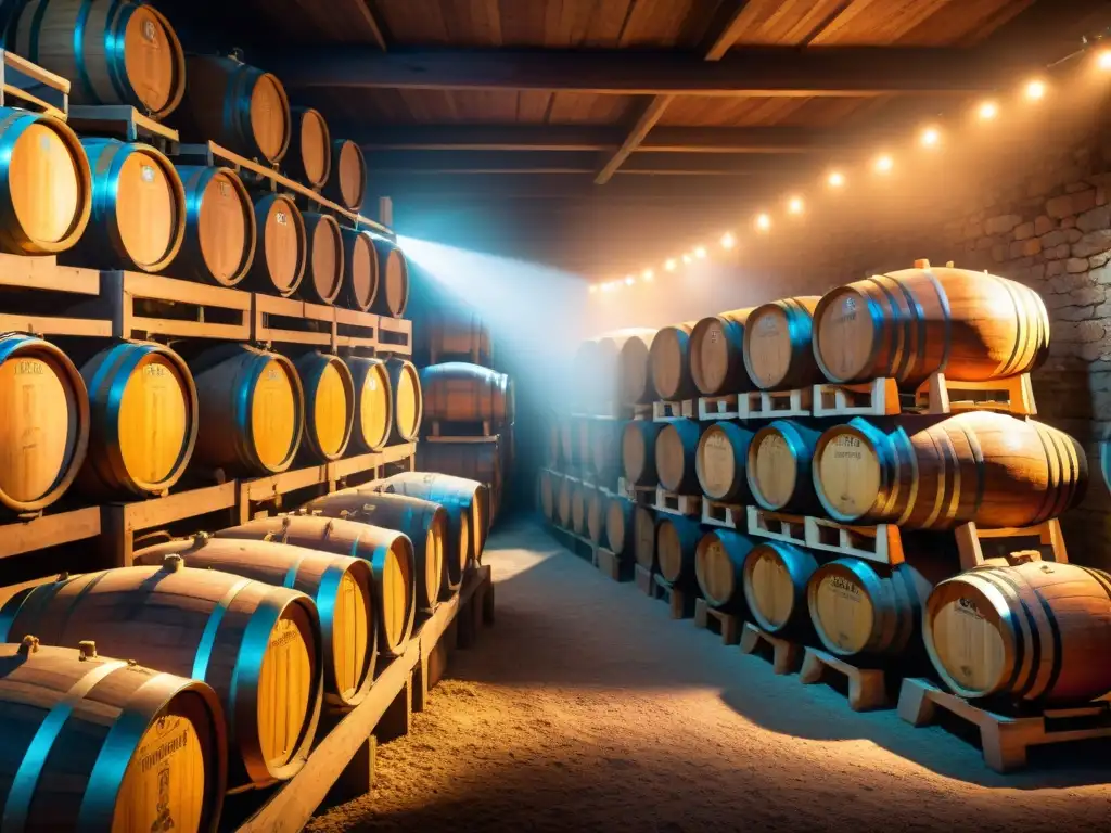 Una bodega iluminada con barricas de cerveza madurada, destacando la historia y artesanía