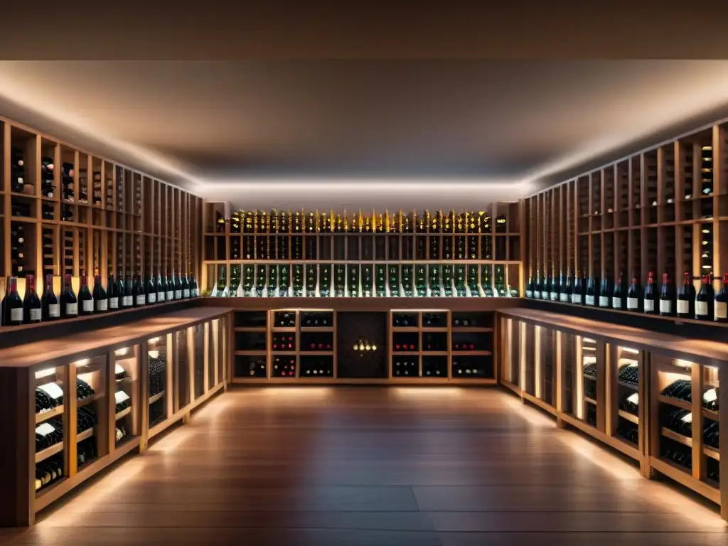 Una bodega lujosa con cajas de suscripción vino gourmet, botellas premium y una iluminación cálida que realza su belleza