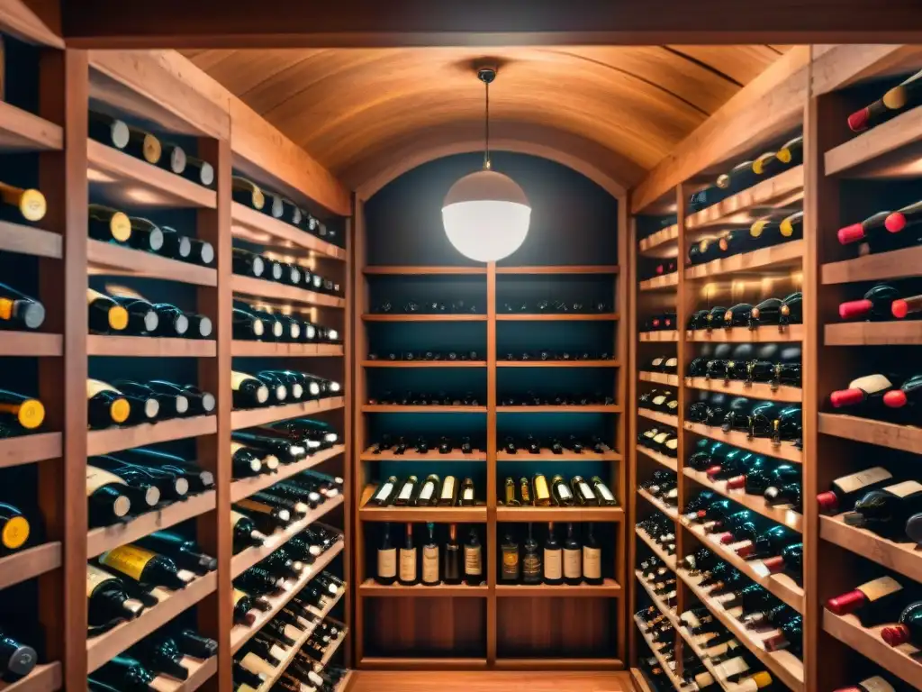 Bodega de vinos de lujo: detallada y sofisticada Una bodega lujosa con cajas de suscripción vino gourmet, botellas de vino de todo el mundo, iluminación tenue y diseño sofisticado