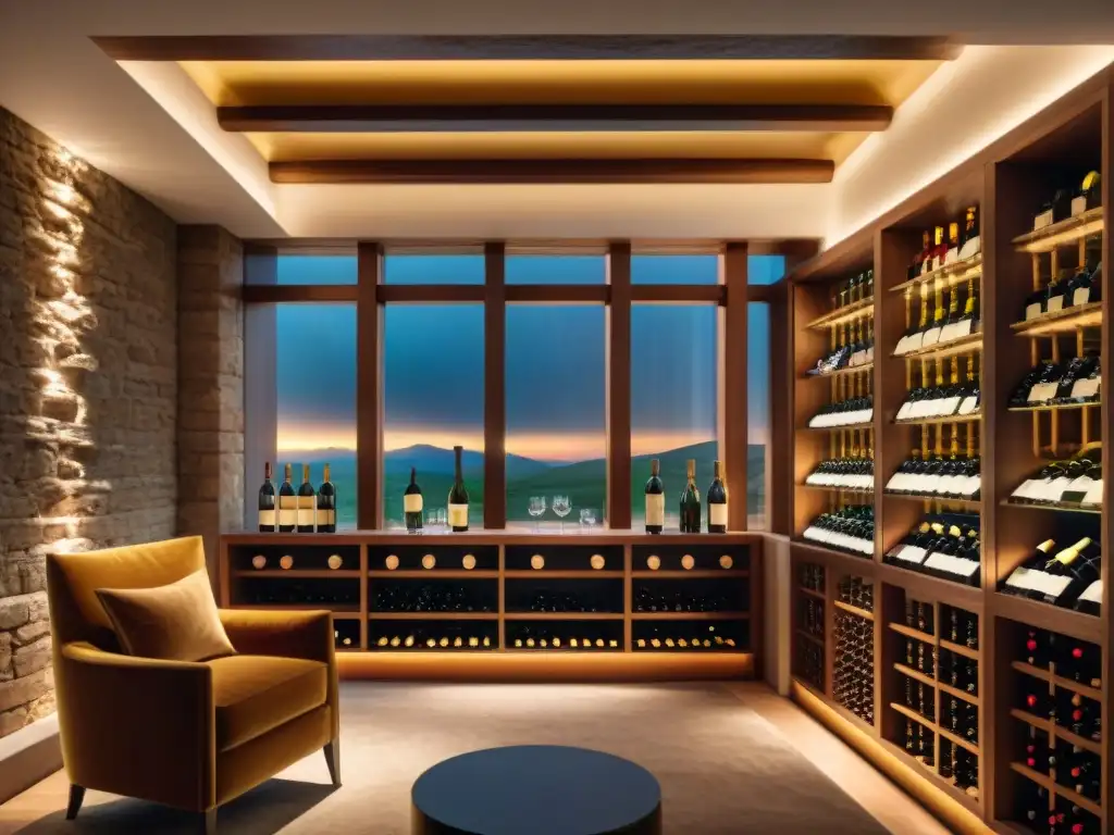Exclusiva bodega de vinos: lujo y elegancia en cada botella Una bodega lujosa con estantes repletos de exclusivas botellas de vino de todo el mundo