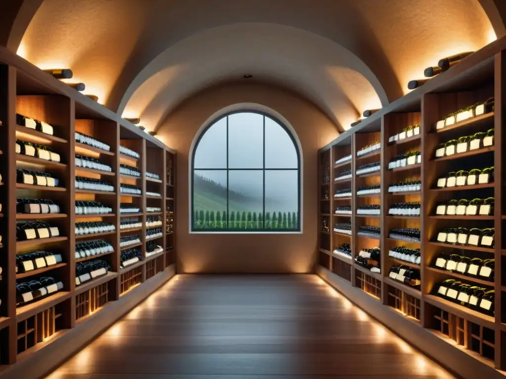 Exclusiva bodega de vinos: lujo y sofisticación Una bodega lujosa repleta de botellas de vino premium de todo el mundo, evocando exclusividad y sofisticación