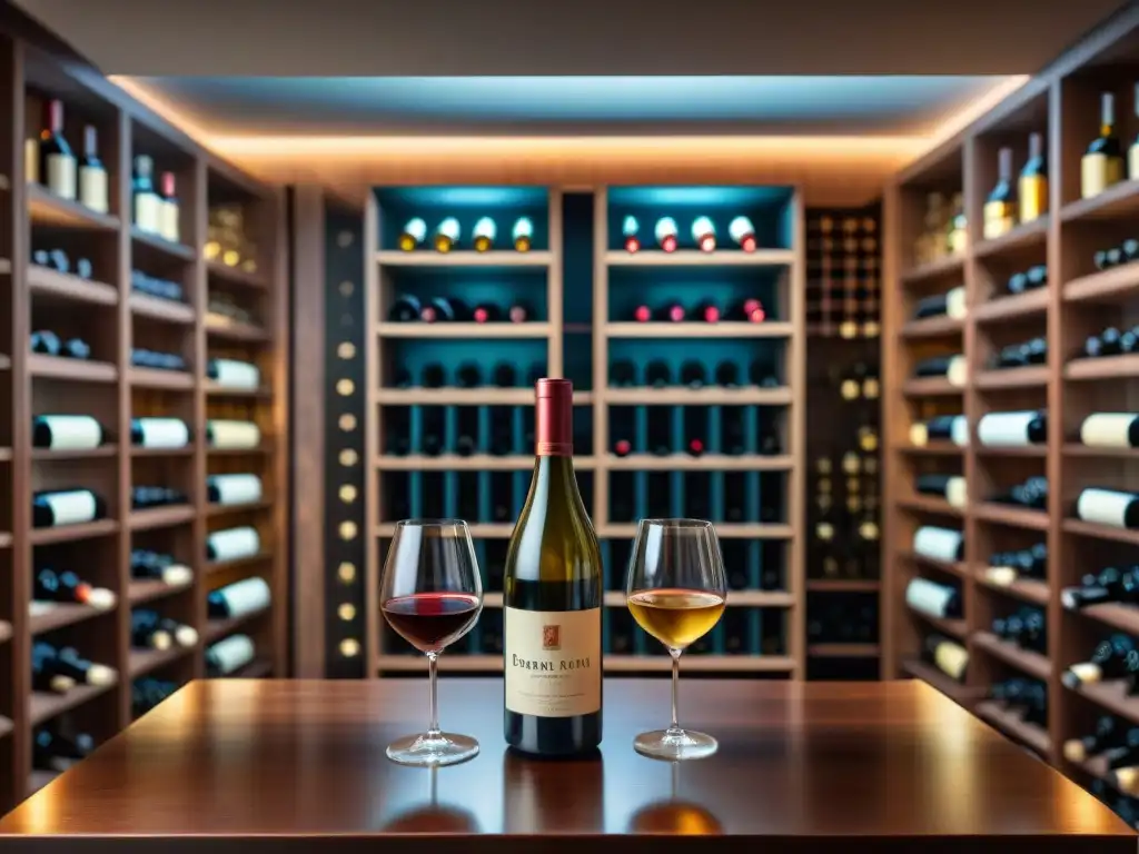 Una bodega lujosa repleta de botellas de vino premium de todo el mundo, iluminada con elegancia