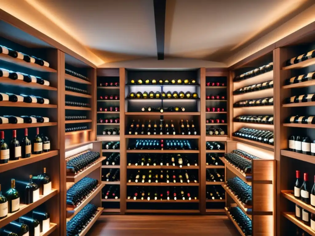 Una bodega lujosa con vinos europeos premium organizados en estanterías de madera, iluminada con elegancia