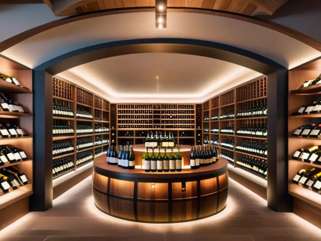 Una bodega lujosa con vinos exclusivos de todo el mundo en elegantes estanterías de madera, iluminada cálidamente