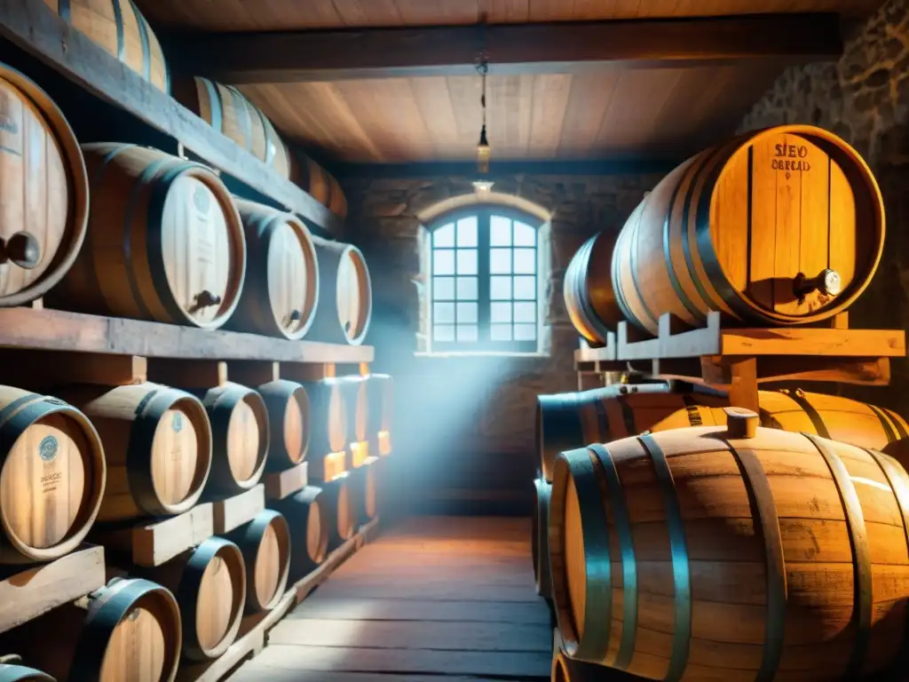 Una bodega misteriosa llena de barricas de cerveza envejeciendo, con marcas y etiquetas únicas