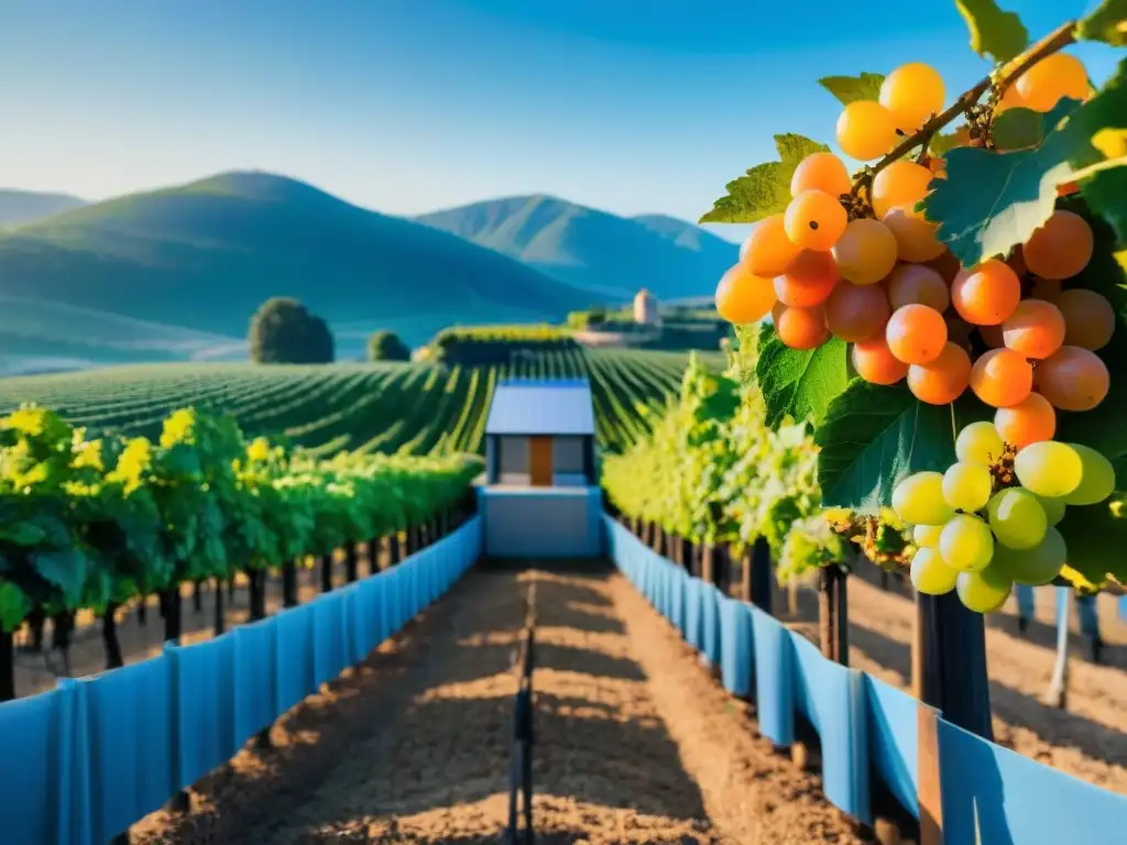 Una bodega moderna rodeada de viñedos verdes, con vendimiadores recolectando uvas naranjas bajo un cielo azul