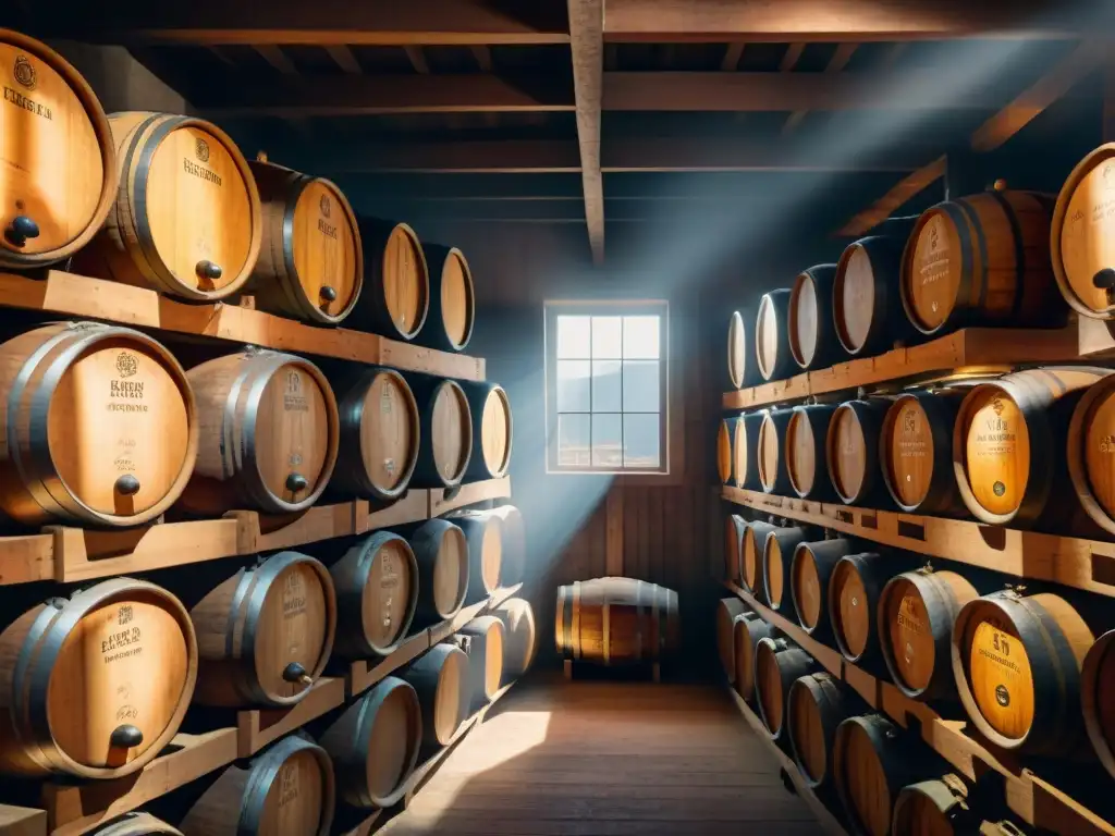 Una bodega oscura repleta de barricas de cerveza madurada, cada una con un logo de cervecería distinto, resaltando sus beneficios y textura envejecida