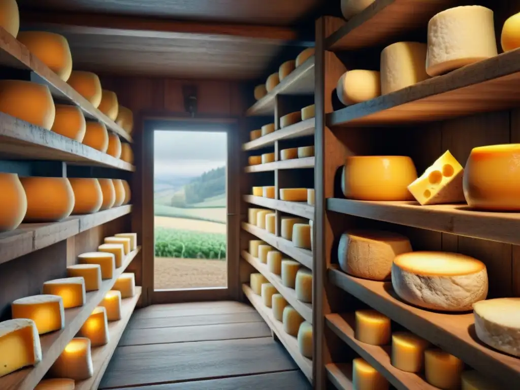 Una bodega de queso europeo tradicional muestra una variedad de quesos envejecidos en estantes de madera iluminados por el sol