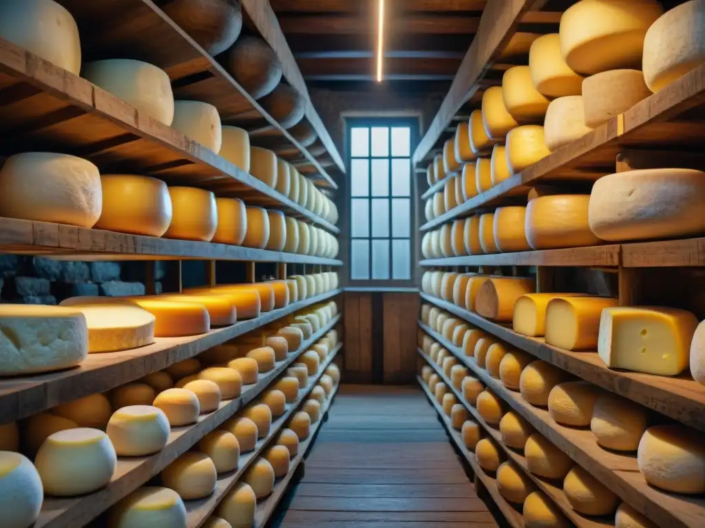 Una bodega de queso rústica llena de quesos envejecidos, mostrando moldes y texturas únicas