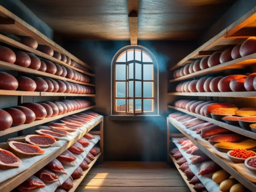 Una bodega tradicional llena de jamones y bresaolas colgadas, resaltando el arte del secado de jamones en un ambiente rústico y atmosférico