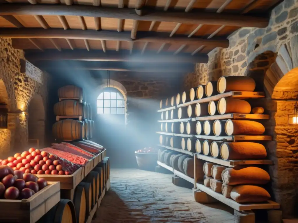 Una bodega tradicional llena de jamones y bresaolas colgantes, resaltando el arte del secado de jamones en un ambiente histórico y cálido