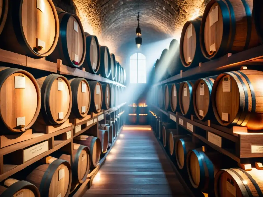 Una bodega de vino prestigiosa con barricas de madera meticulosamente organizadas en una atmósfera sofisticada y elegante