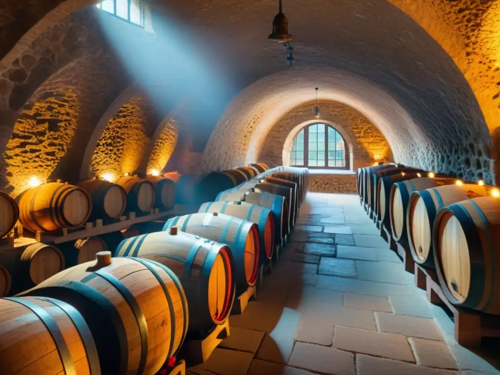 Una bodega de vino prestigiosa, con barricas de roble envejeciendo a la luz cálida, sombras y luces danzan en la atmósfera