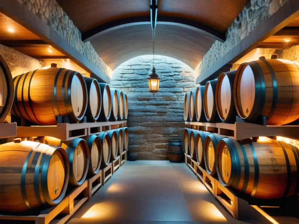 Exclusiva bodega de vinos: elegancia y sofisticación Una bodega de vinos iluminada con elegancia, barricas de madera organizadas con etiquetas de lujo, invitando a catas privadas vino cambio paladar