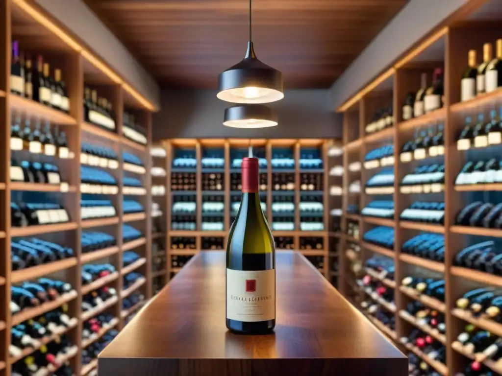 Una bodega de vinos lujosa con botellas premium ordenadas, iluminación cálida y ambiente sofisticado para maridaje vinos selectos superfoods gourmet